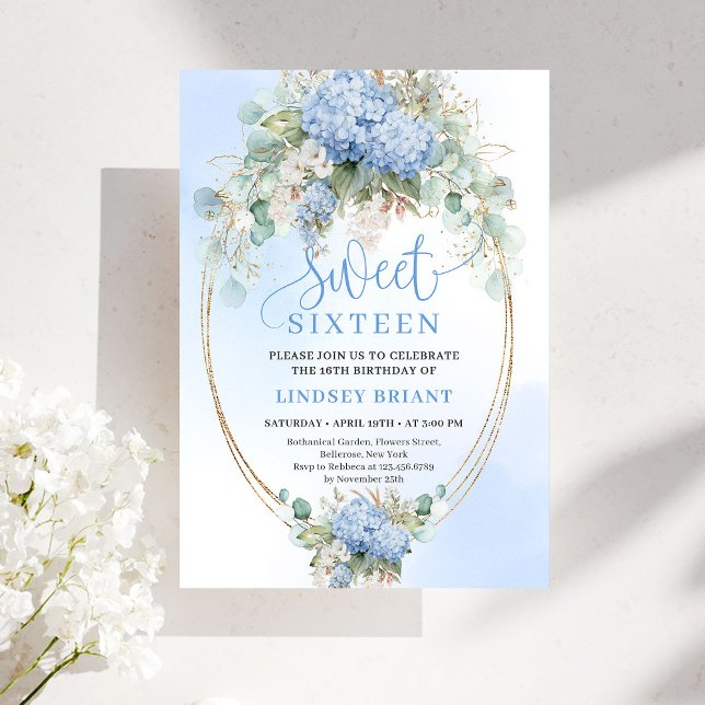 Convite Azul Downloadable Hortênsia Dourada Sweet  (Downloadable Blue Hydrangea Gold Sweet 16 Birthday Invite)