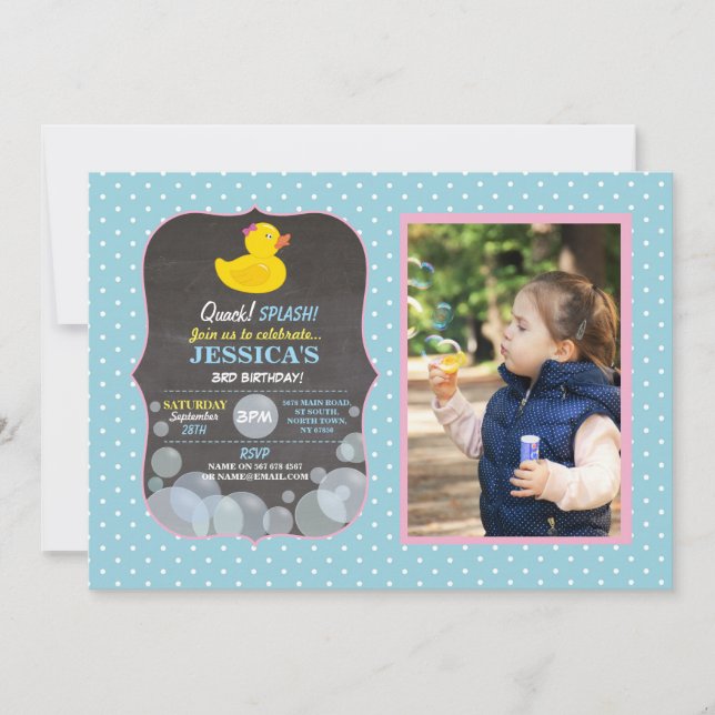 Convite Azul Ducky da festa de aniversário da bolha do (Frente)