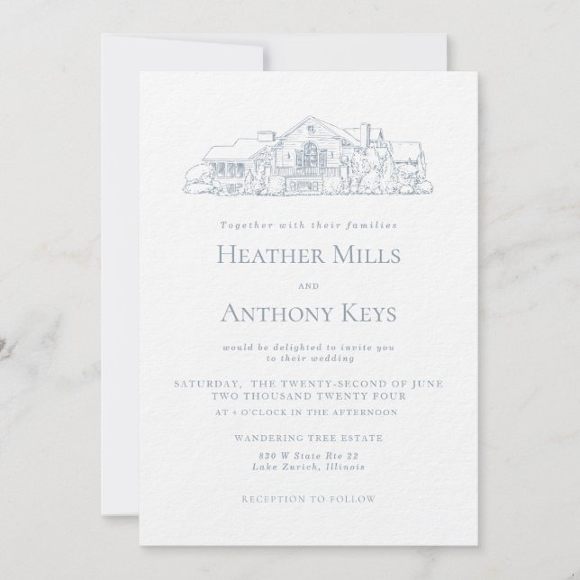 Convite Azul Dusty com Desenho do Local (Frente)