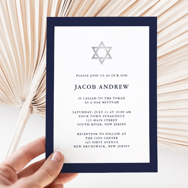 Convite Azul e Branco da meia-noite clássicos | Bar Mitzva (Classic blue and white Bar Mitzvah invitation)
