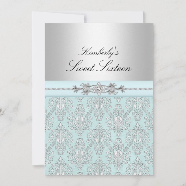 Convite Azul e branco Damasco doce 16 anúncios (Frente)