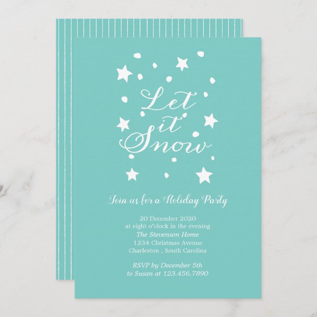 Convite Azul e Branco Deixe-o Festa de Férias de Neve (Frente/Verso)