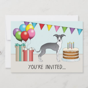 Convite Azul E Branco Italiano Greyhound Aniversário Color