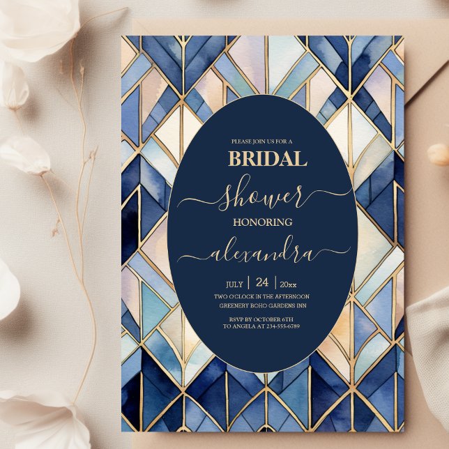 Convite Azul e Dourada Arte Deco Bridal (Criador carregado)