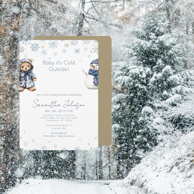 Convite Azul e Dourado Bebê Está Frio Lá Fora Neve Bebê  (Criador carregado)