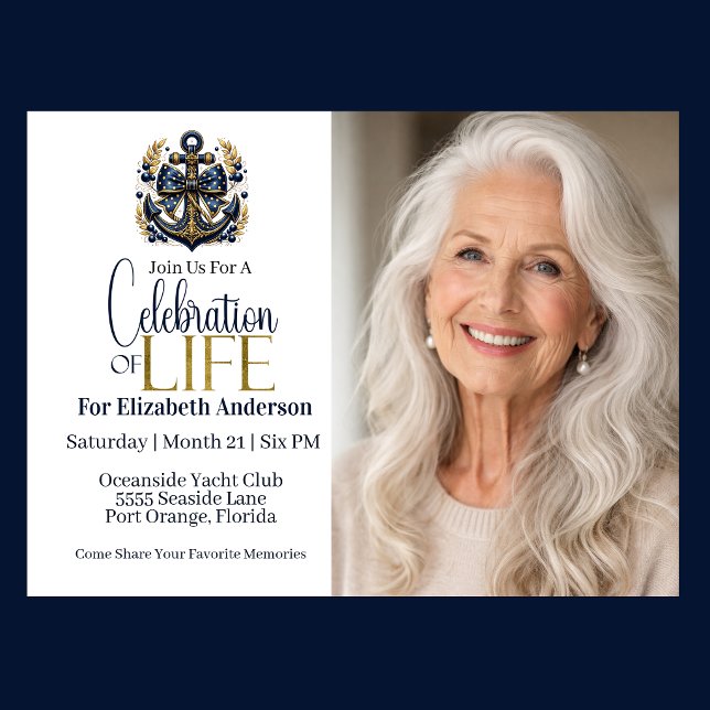 Convite Azul e Dourado Celebração da Vida Âncora Náutica (Nautical blue and gold anchor celebration of life invitation with photo elegant seaside theme
)