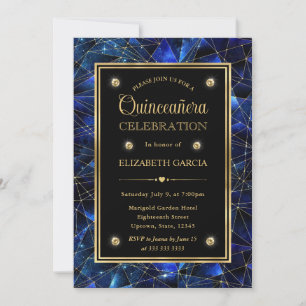 Convite Azul e Dourado Cristal Galáxia Quinceanera à Meia-
