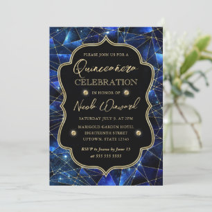Convite Azul e Dourado Cristal Galáxia Quinceanera Meia-No