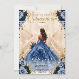 Convite Azul e Dourado de Quinceanera