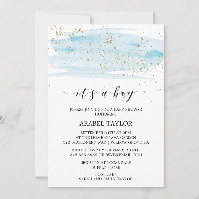 Convite Azul e Dourado, é um host de Chá de fraldas (Frente)