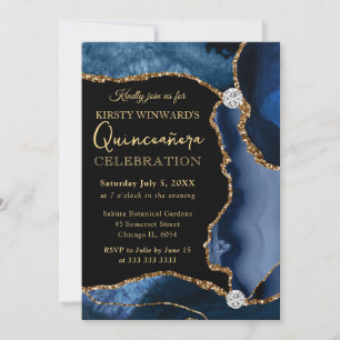 Convite Azul e Dourado Falso Brilho Ágata Quinceanera