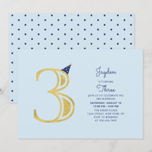 Convite Azul e Dourado   Festa de aniversário de 3 anos d