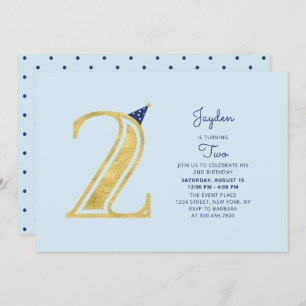 Convite Azul e Dourado Festa de segundo aniversário dos