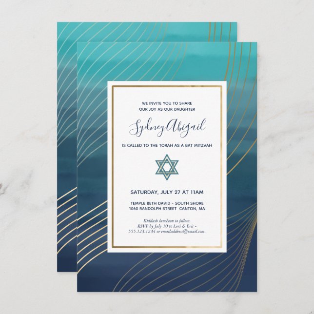 Convite Azul e Dourado moderno Bat Mitzvah ou Bar Mitzvah (Frente/Verso)