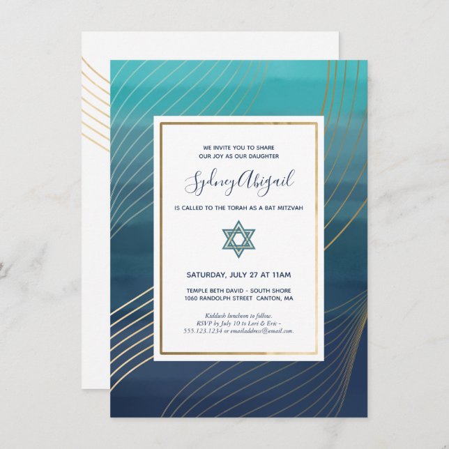 Convite Azul e Dourado moderno Bat Mitzvah ou Bar Mitzvah (Frente/Verso)