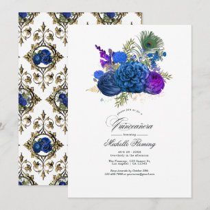 Convite Azul e Dourado Peacock Floral Vintage Quinceañera
