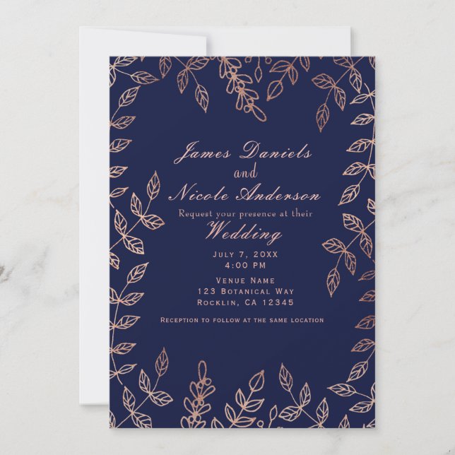 Convite Azul e Dourado Rosa Glam Botânico Casamento Elegan (Frente)