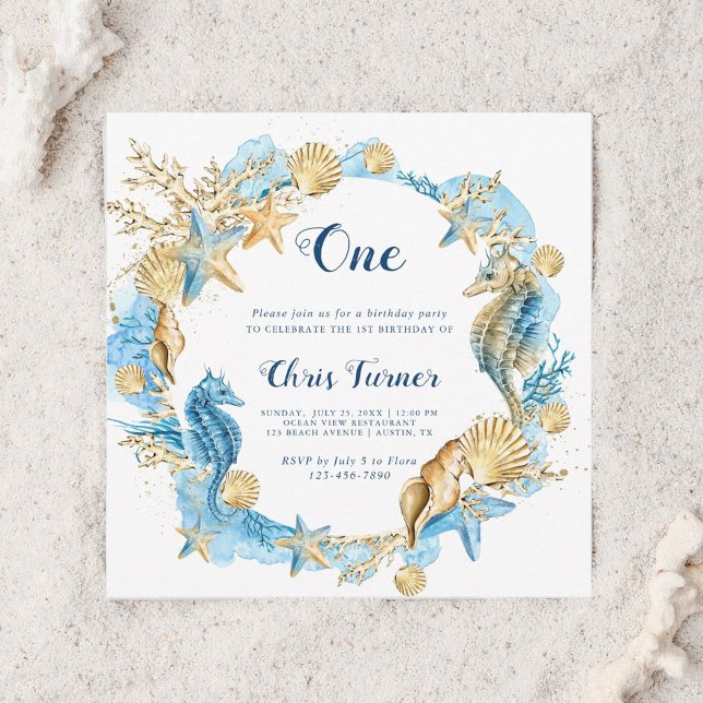 Convite Azul e Dourado sob a Praça de Aniversário do Sea B (Criador carregado)