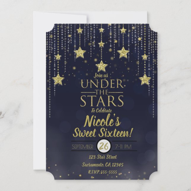 Convite Azul E Dourado Sob As Estrelas Starry Sweet 16 (Frente)