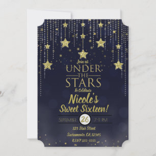 Convite Azul e Dourado Sob as Estrelas Sweet 16 Estrelado
