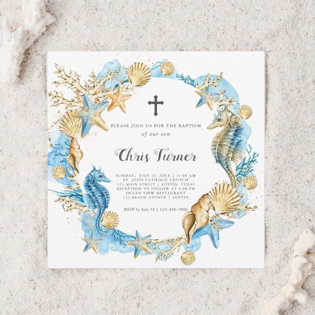 Convite Azul e Dourado sob o batismo marinho (Criador carregado)