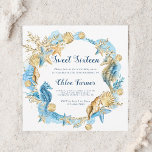 Convite Azul e Dourado sob o mar Doce Dezesseis Aniversári<br><div class="desc">Personalize-o sob o Convite de Aniversário do Mar,  com cavalos-marinhos,  peixes-amêndoas,  conchas e recifes de coral. Para uma personalização mais avançada deste design,  clique no BOTÃO FERRAMENTA DESIGN AZUL acima! Itens correspondentes também estão disponíveis.</div>
