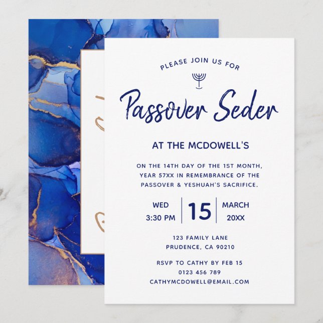 Convite Azul e Dourado Única para Seder de Páscoa (Frente/Verso)