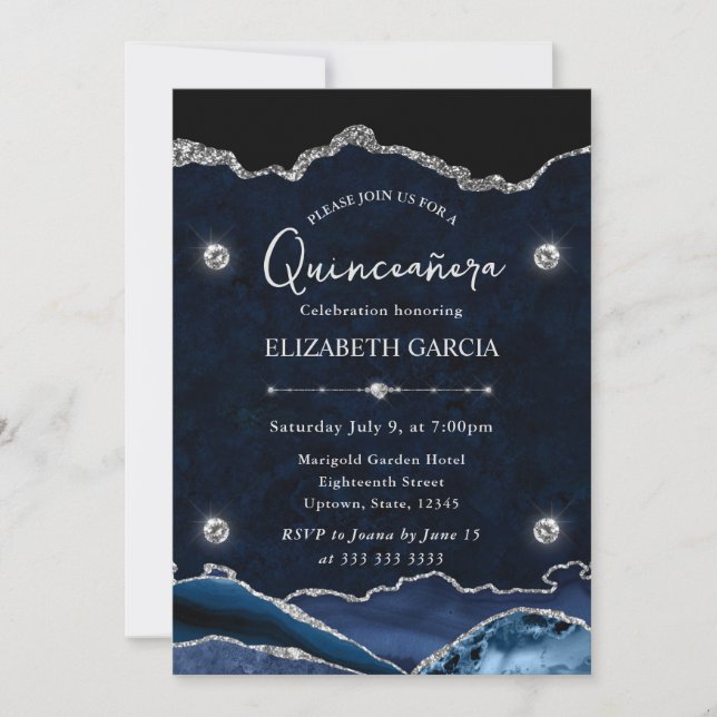 Convite Azul e Prata Brilho Ágata Quinceanera (Frente)