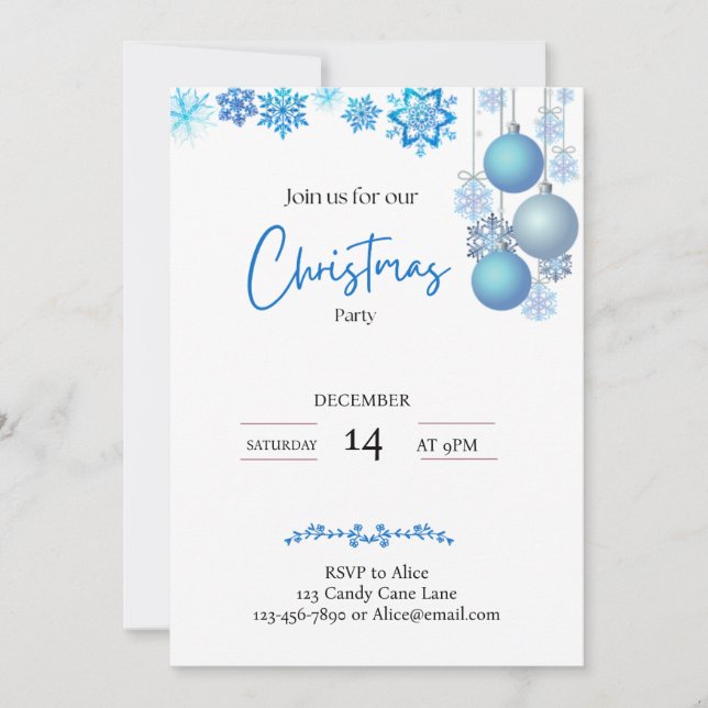Convite Azul e Prata Pingentes Flocos de Neve Natal (Frente)