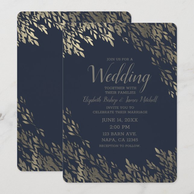 Convite Azul e Prateado Folhas Prateadas Chic Casamento Rú (Frente/Verso)