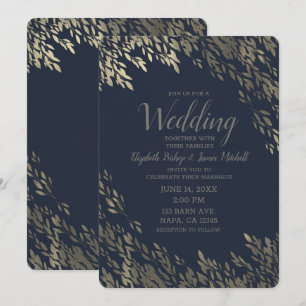 Convite Azul e Prateado Folhas Prateadas Chic Casamento Rú