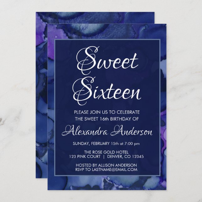 Convite Azul e Púrpura Tinta d'água Doce 16 Aniversário (Frente/Verso)