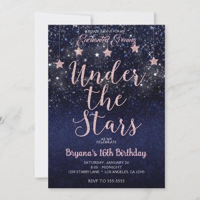 Convite Azul e Rosa Sob as Estrelas Noite Estrelada Doce 1 (Frente)