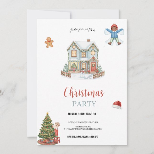 Convite azul e vermelho o natal na casa de neve   (Frente)