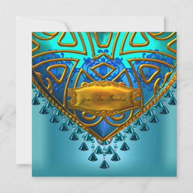 Convite Azul Elegante Aqua Dourado Todas as Ocasiões (Frente)