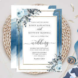 Convite Azul Elegante Aquarela e Casamento Floral Azul
