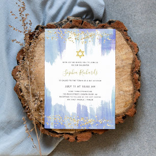 Convite Azul Elegante Aquarela e Dourado   Bat Mitzvah