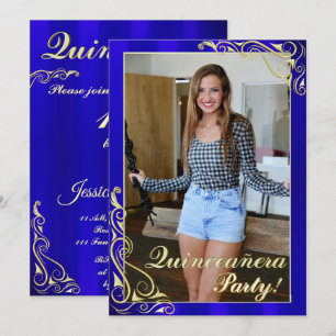 Convite Azul Elegante e Dourado Sua Foto Quinceañera