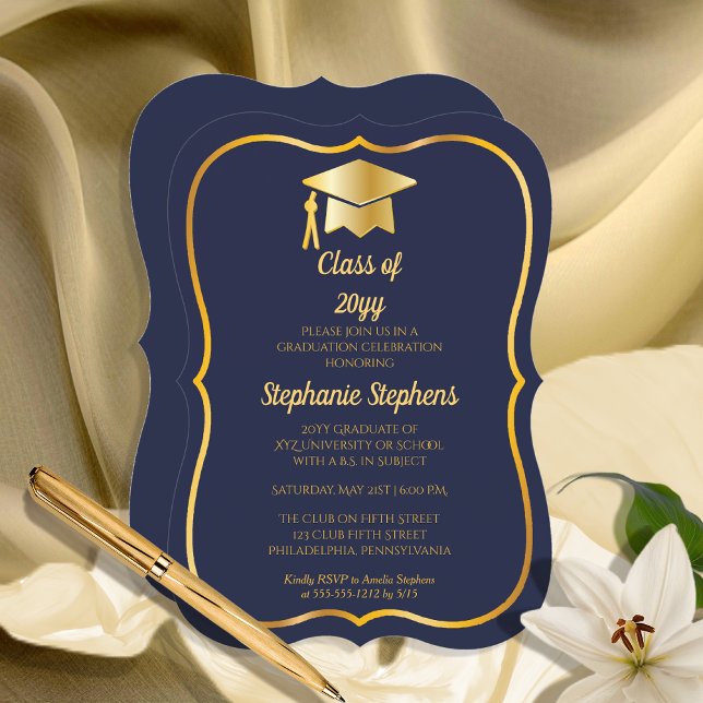 Convite Azul Elegante | FESTA DE FORMATURA DOURADA (Elegant Blue Gold Tone Grad Cap Bracket-Style Frame Graduation Party Invitation)