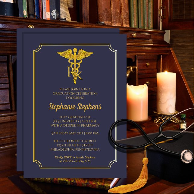 Convite Azul Elegante | Festa de formatura Rx Farmácia Dou (Classy Elegant Blue and Gold Tone "Rx" Pharmacy Pharmacist Graduation Announcement Party Invitation)