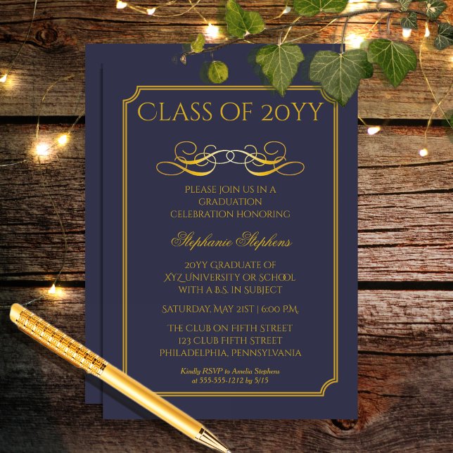 Convite Azul Elegante | Festa de formatura Universitária D (Elegant Blue and Gold Tone College | University Achiever Graduation Party Invitation)