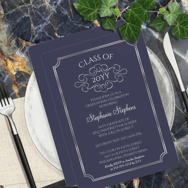 Convite Azul Elegante | Formandos de prata (Elegant Blue Silver College Graduation Party Invitation - Available in Print and/or Digital Download)