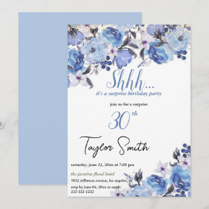 convite azul elegante para festa surpresa floral