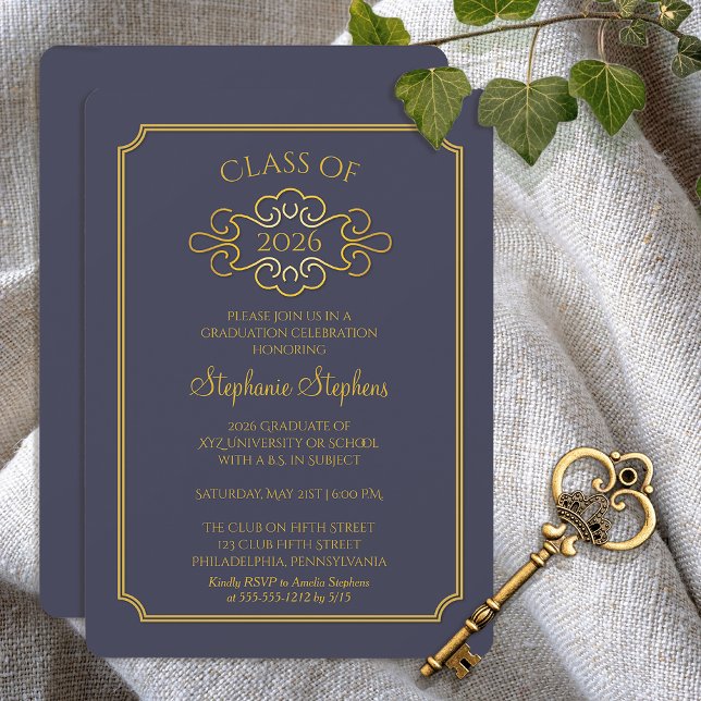 Convite Azul Elegante | Parte Formandos Dourada (Elegant Blue and Gold Tone College Graduation Party Invitation - Print | Digital)