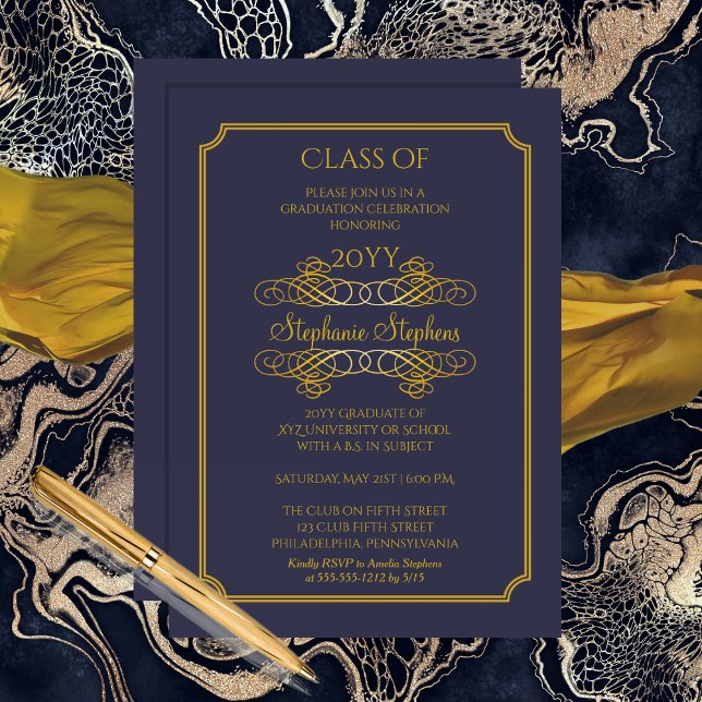 Convite Azul Elegante | Parte Formandos Dourada (Elegant Blue and Gold Tone College Graduation Party Invitation)