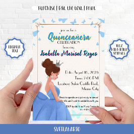 Convite Azul Elegante Princesa para Quince Anos