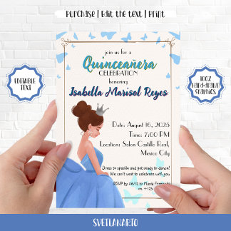 Convite Azul Elegante Princesa Quinceañera