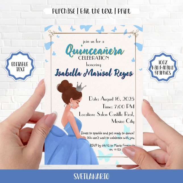 Convite Azul Elegante Princesa Quinceañera (Criador carregado)