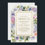 Convite Azul Elegante Púrpura Floral Dourado Doce 16 Anive<br><div class="desc">Azul empoeirado e cor d'água púrpura floral Sweet 16 convite de aniversário com folhas verdes e uma armação de ouro. O texto é completamente personalizável,  portanto,  este cartão pode ser alterado para qualquer idade.</div>