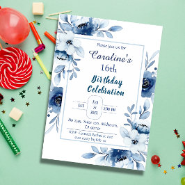 Convite Azul elegante, tons florais de azul de 16° anivers